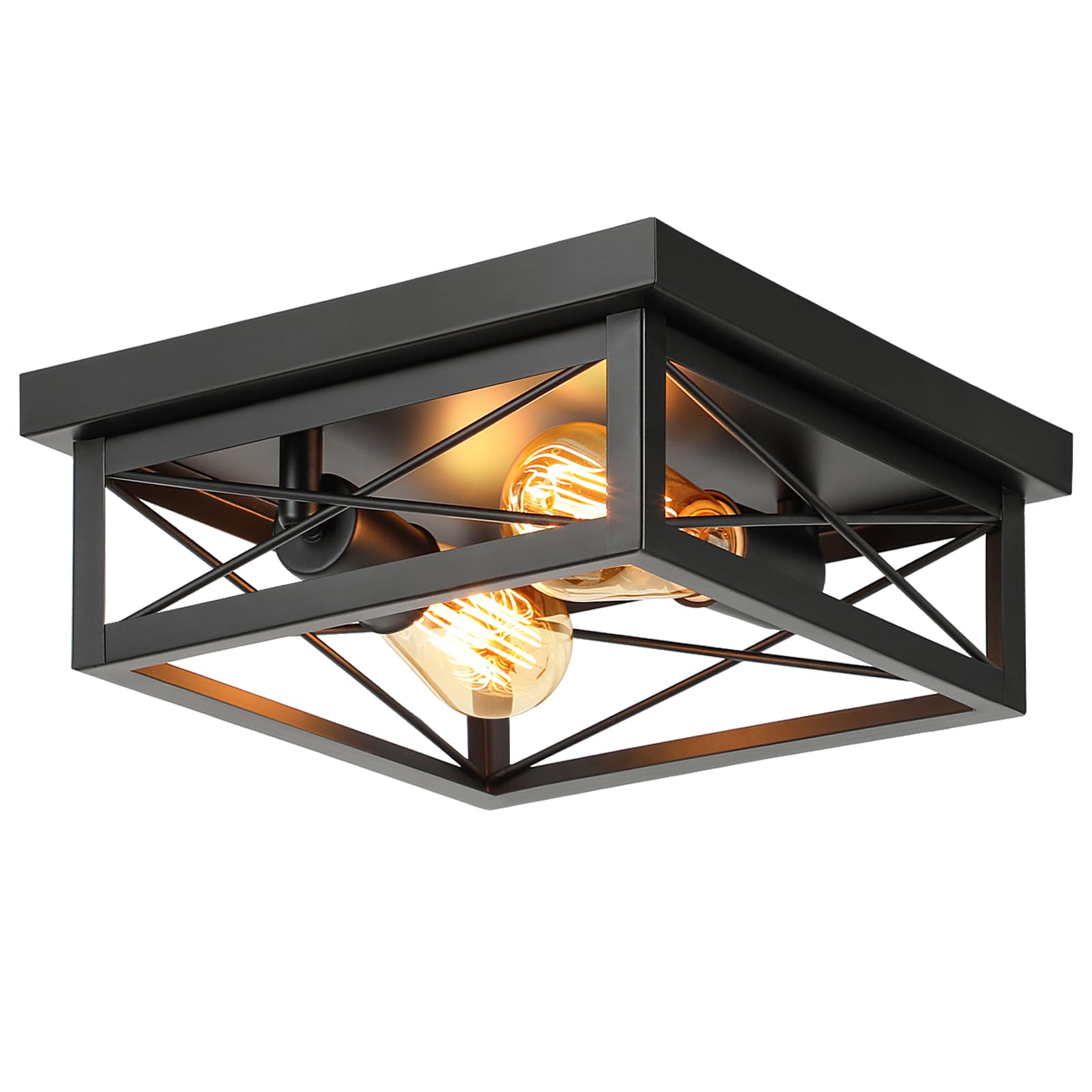 Kondras 2-Light Farmhouse Ceiling Light Fixture, Industrial Square Flush Mount Ceiling Light, Modern Black Metal Hallway Ceiling