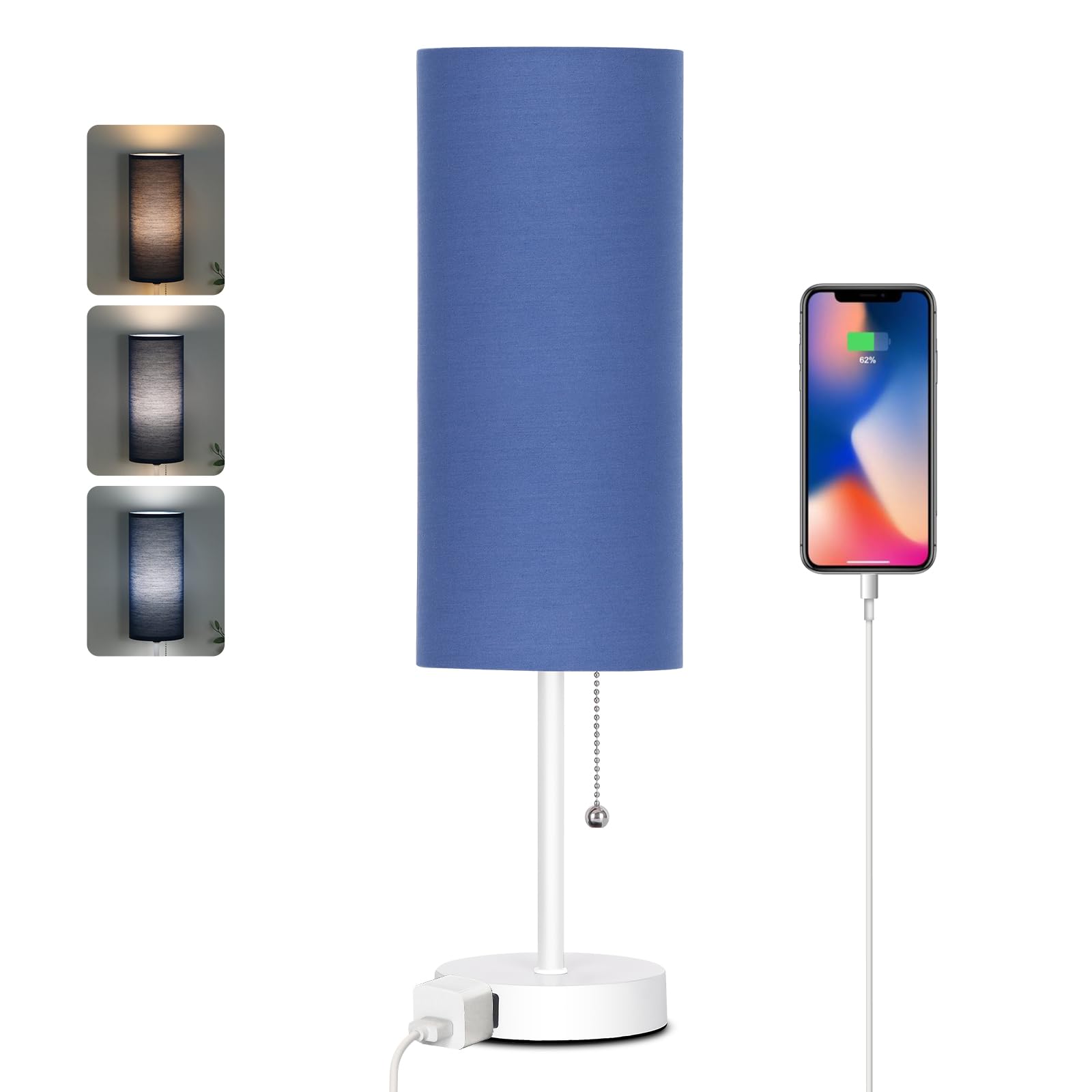 Dott Arts 18in Table Lamp for Bedroom, Blue-White Plastic, Pull Chain, Model RD-PTL6W-005, Bulb Included