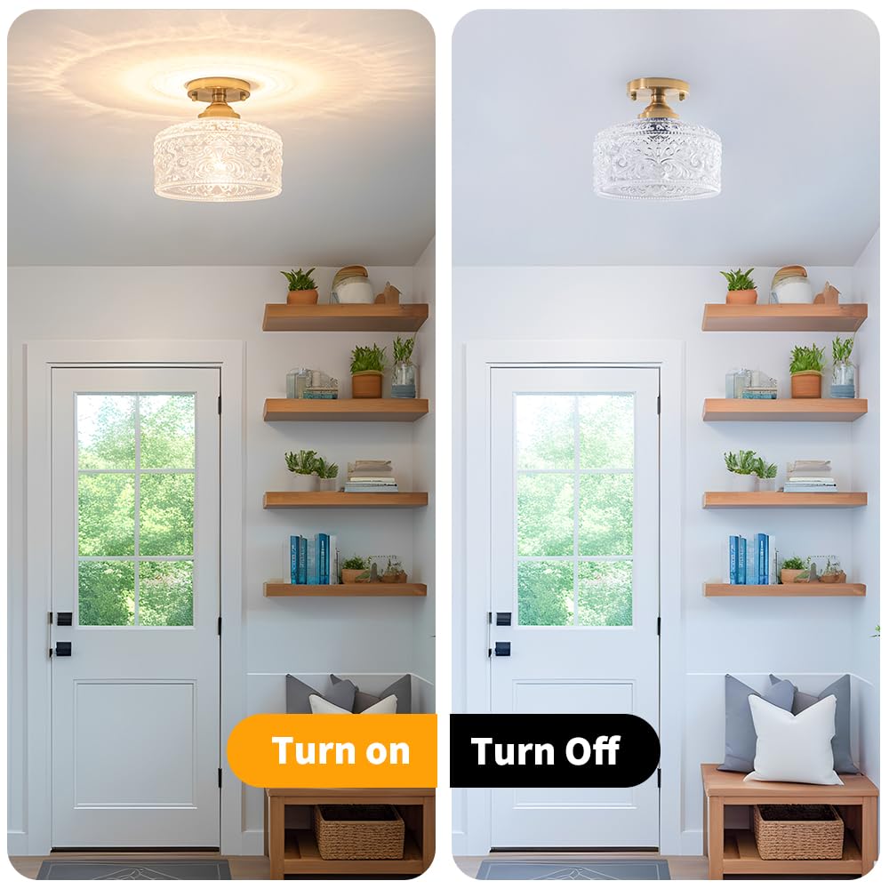 Gold Semi Flush Mount Ceiling Light  Antique Brass Ceiling Light With Glass  Indoor Close To Ceiling Light Fixture  Entryway Light Fixtures  Overhead Lighting For Hallway Kitchen Bedroom Dining Room