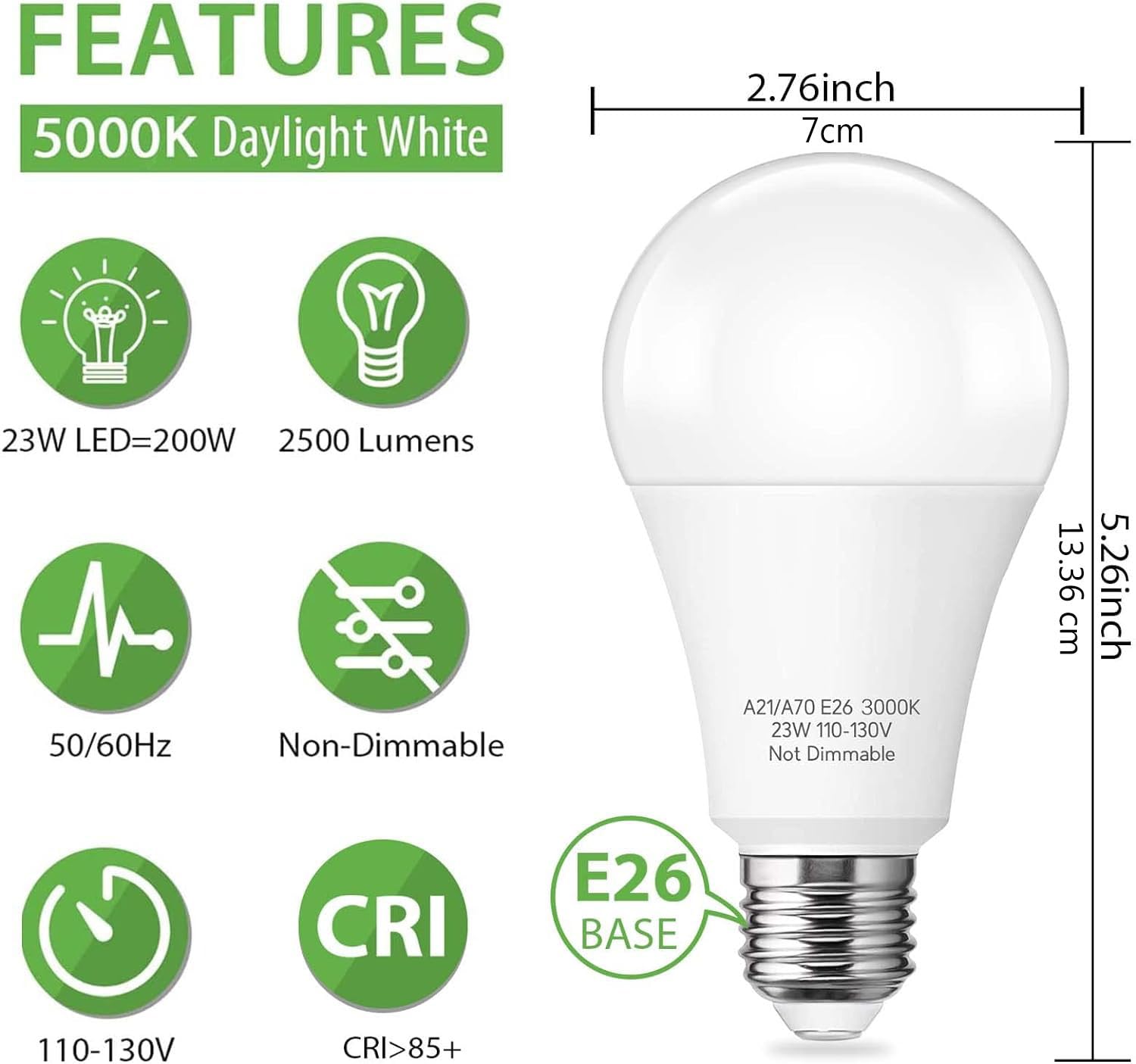 Prosperbiz A21 Led Light Bulb, 150-200W Equivalent 23W Led Bulbs, Super Bright 2500 Lumens 5000K Daylight White Light Bulb E26 S