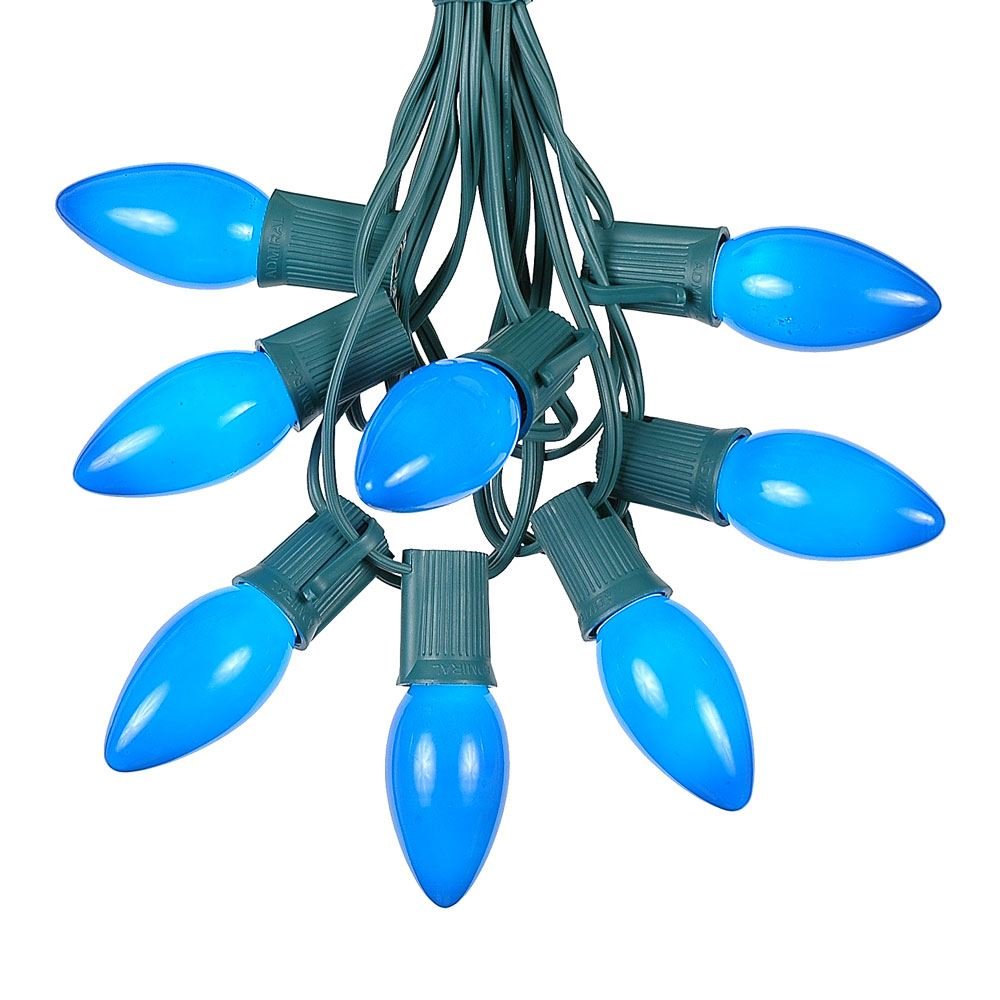 25 Foot C9 Blue Ceramic Christmas String Light Set - Outdoor Christmas Light String - – Opaque Christmas Bulbs - Roofline Light String – Outdoor String Lights - Green Wire