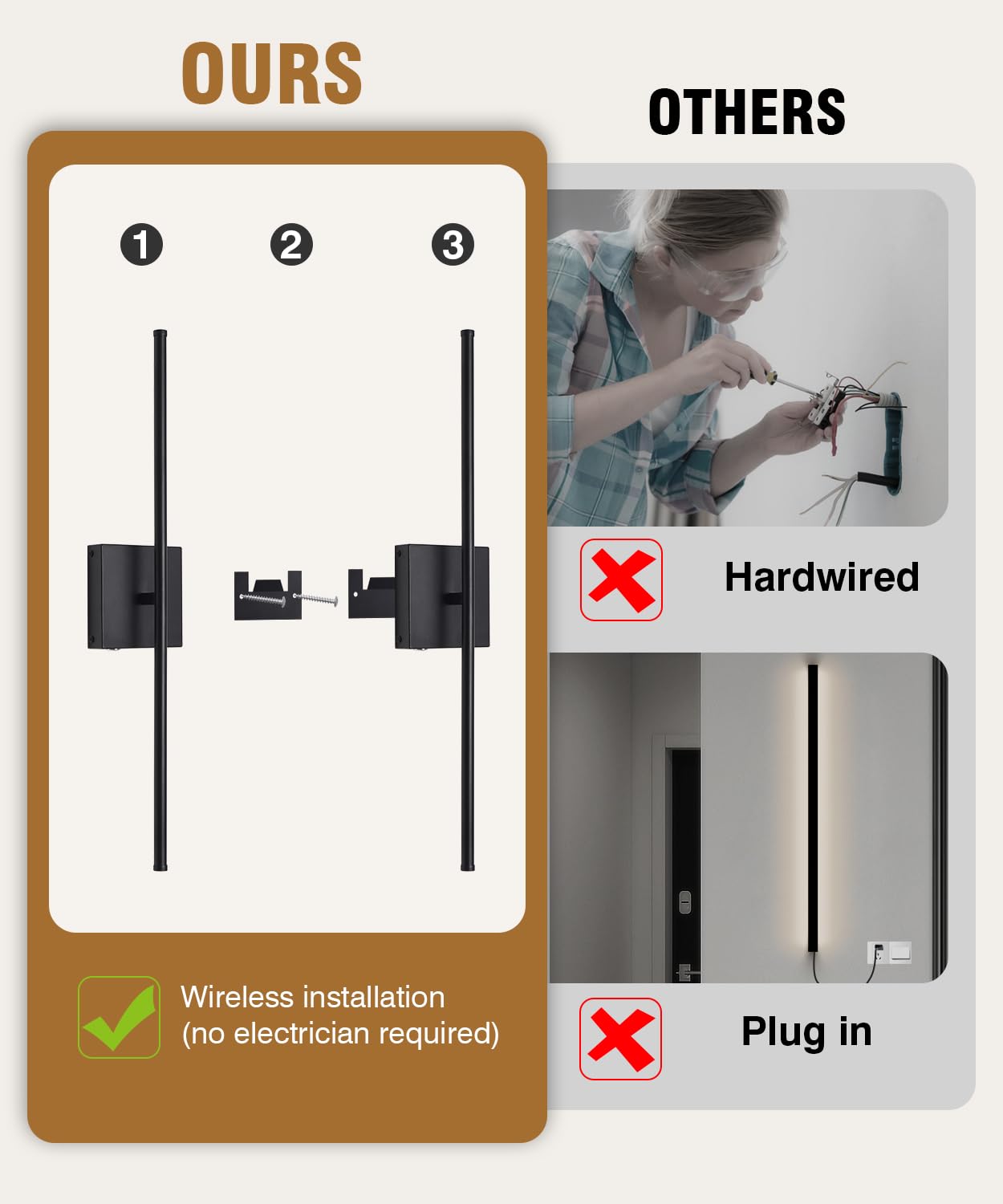 CASGAL Dimmable Battery Operated Wall Sconce Set of 2, 26.6 Inch, Black, Remote Control, LED 3000K-6500K, Model BD1179