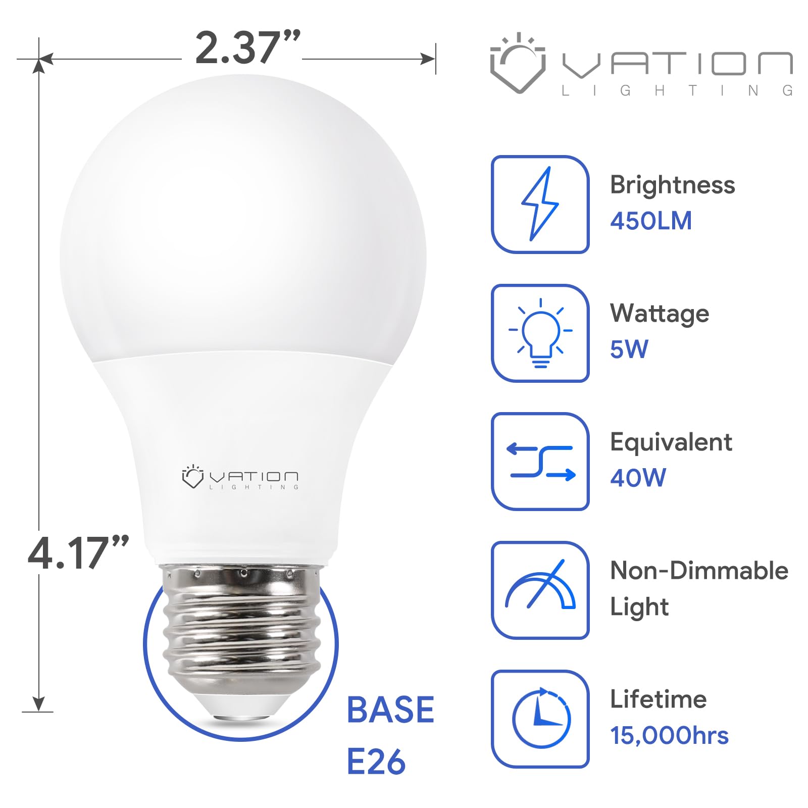 Vation 12 Pack A19 Led Light Bulb, 40 Watt Equivalent, Efficient 5Watt, 450 Lumens, Neutral 4000K, E26 Medium Base, Non-Dimmable