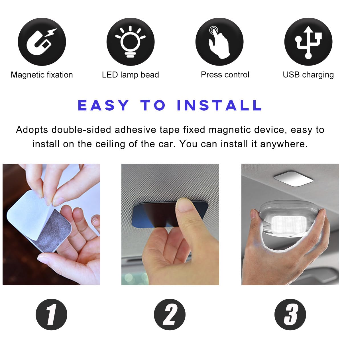 Ohleats Car Interior Ceiling Roof Lights, Magnetic Rechargeable Usb Wireless Dome Lamp, Led Auto Map Reading Light Cover For Ins