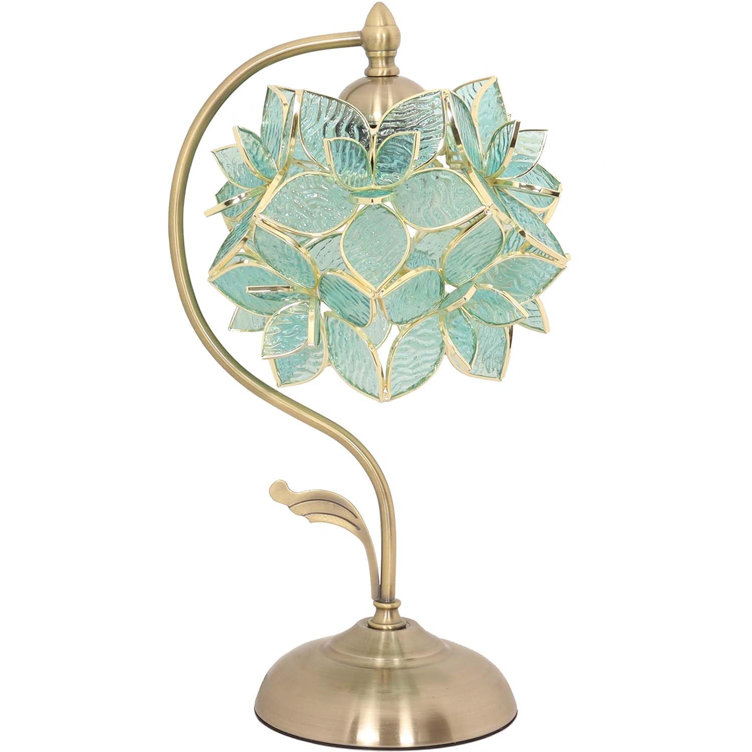 Bieye L10960 Tiffany Style Stained Glass Flower Petal Table Lamp with Brass Base for Home D  cor (Light Blue, 8'' Rose Lily)