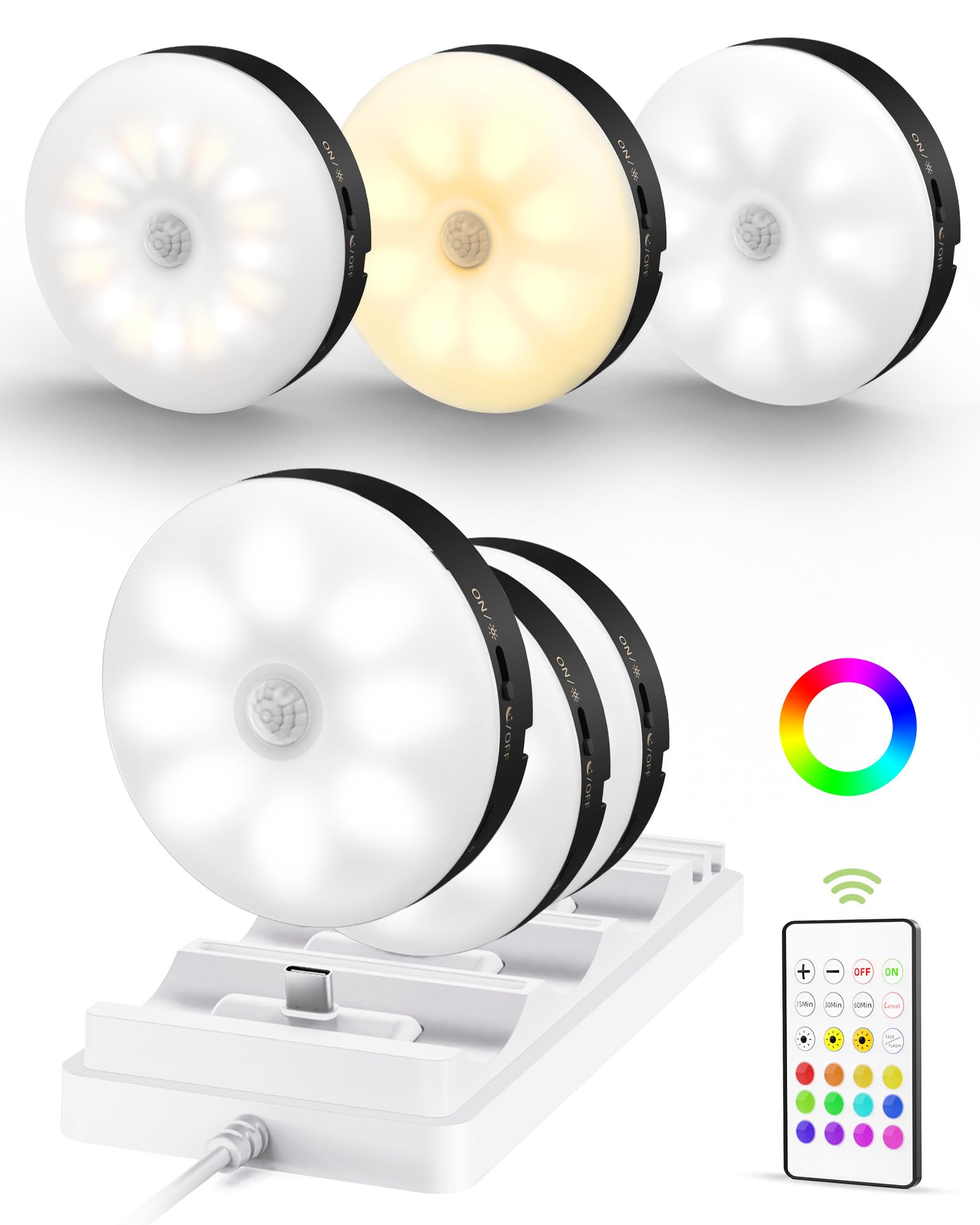 EZVALO Under Cabinet Lighting, 1000mAh Rechargeable Puck Lights, Dimmable Motion Sensor, 6 Packs, Black, Model EZL2424A
