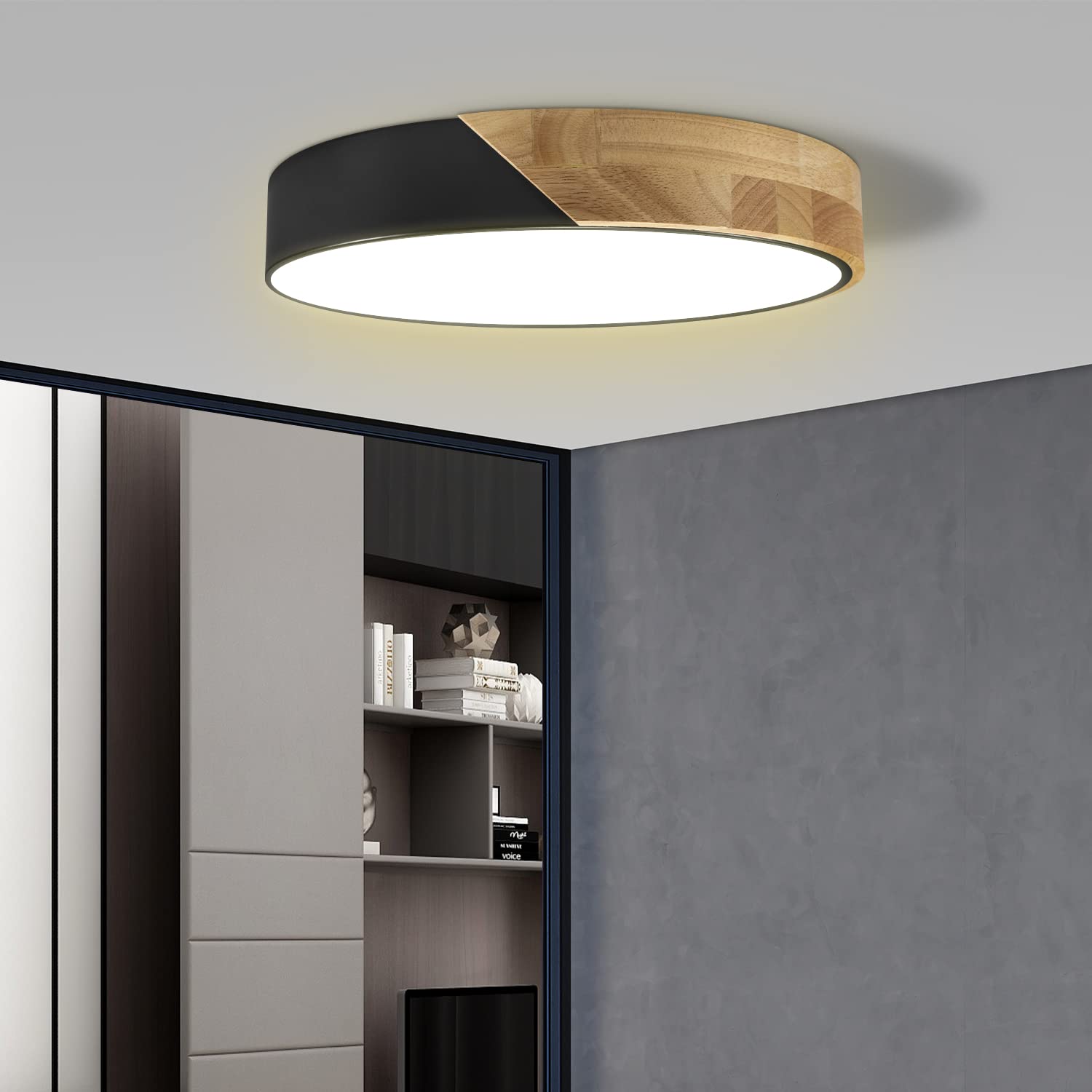 Led Ceiling Light Flush Mount: 12 Inch 24W Bedroom Light Fixture With Round Wood Modern Black Flat Overhead Minimalist Ceiling Lamps For Kitchen Hallway Laundry Warm White 3000K, Not Dimmable