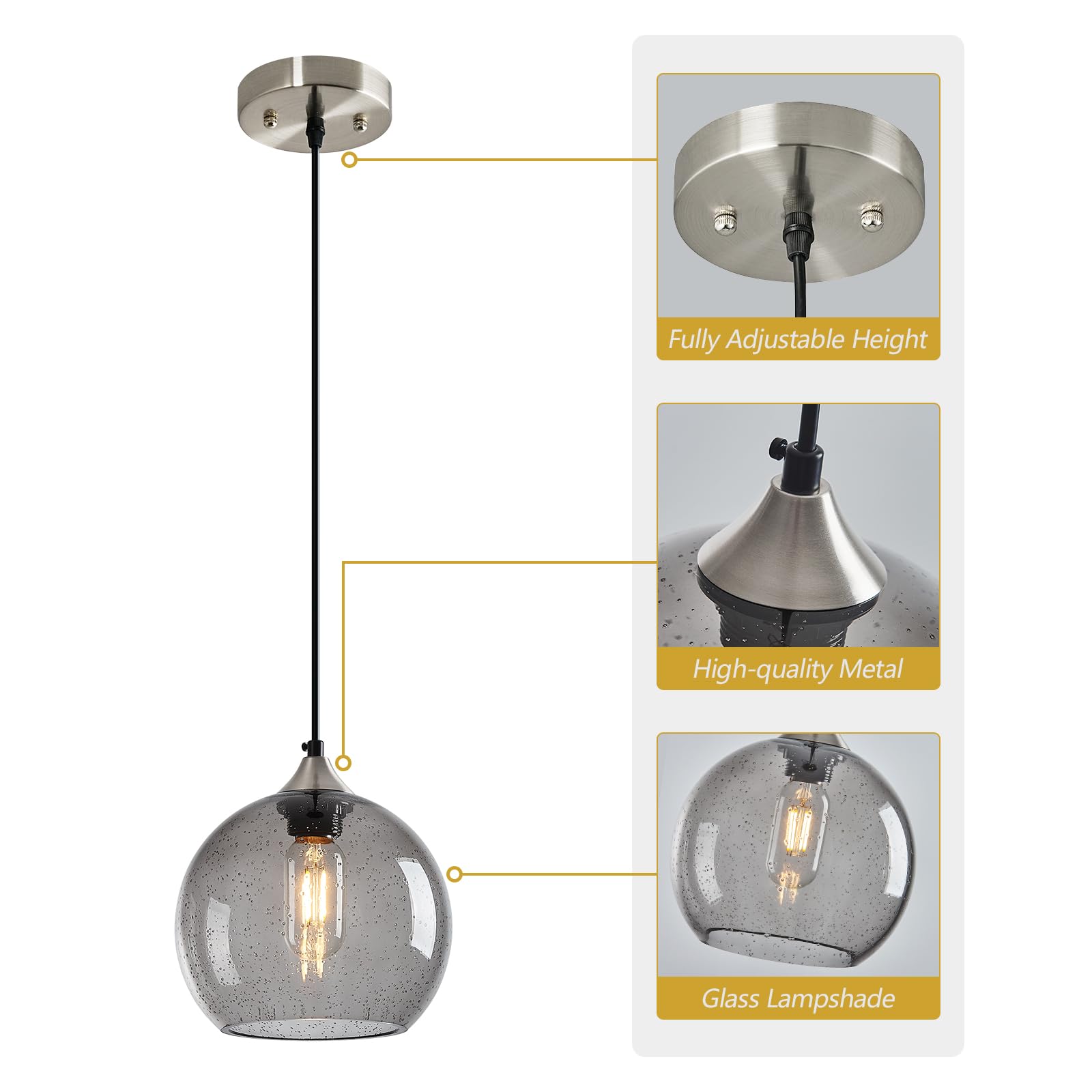 Lbsqj Light Grey Glass Pendant Lights Kitchen Island Lighting Globe Pendant Light Fixtures Modern Pendant Lighting For Bedroom Living Dining Room Light Fixture (7.87 In  3 Pack)
