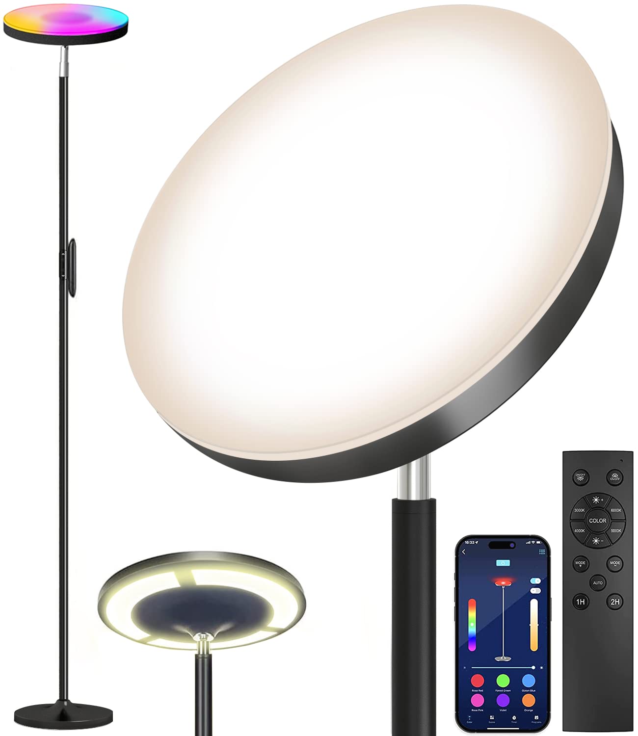 Keepsmile LED Floor Lamp, 36W/2600LM, Remote & App Control, Dimmable RGB, Black, Model KS-2-APP