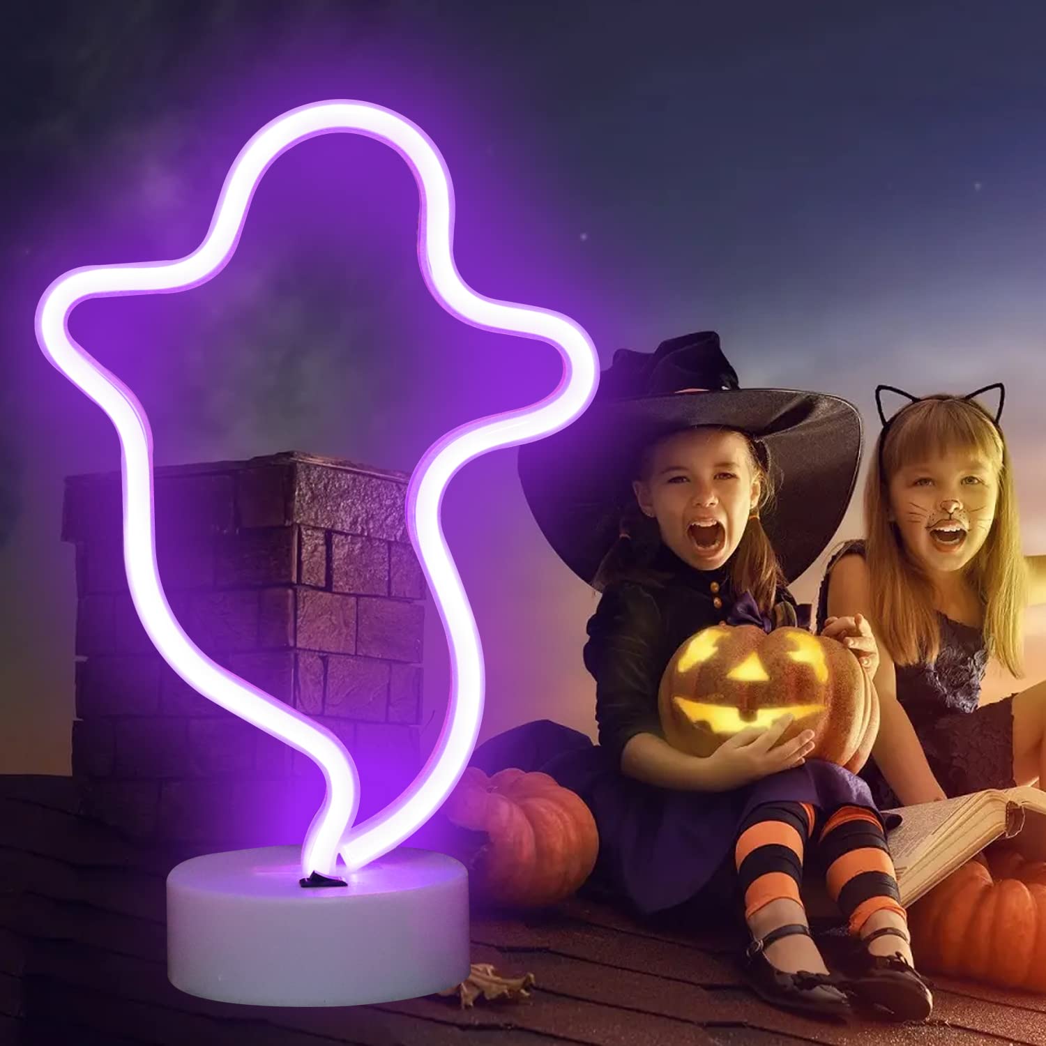 Vicila Ghost Neon Sign - LED Halloween Light, Purple Ghost Shape Decor with Holder Base