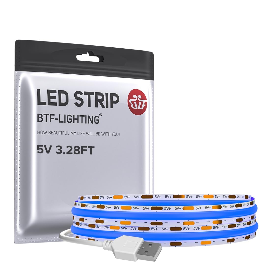 Btf-Lighting Fcob Usb Powered Blue Color Cob Led Strip Lights 3.28Ft 320Leds 5V 8Mm Width 90+ High Cri Ultra Bright Flexible Light For 3D Printer Tv Backlight Display Cabinet Pc Diy Decor