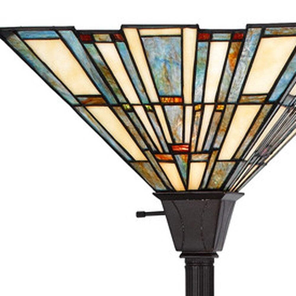 HomeRoots Torchiere Floor Lamp with Abstract Tiffany Glass Shade, 72 in, Bronze