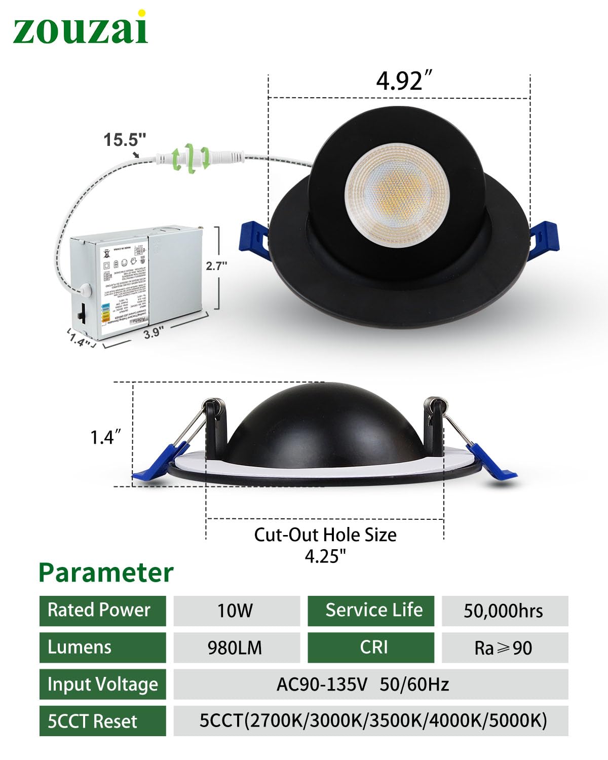 Zouzai 4 Inch 5Cct Gimbal Black Led Recessed Lights  360+90 Adjustable Directional Recessed Lighting  2700K-5000K Dimmable Retrofit Eyeball Can Lights With Jbox  Etl&Energy Star (Black 12 Pack)