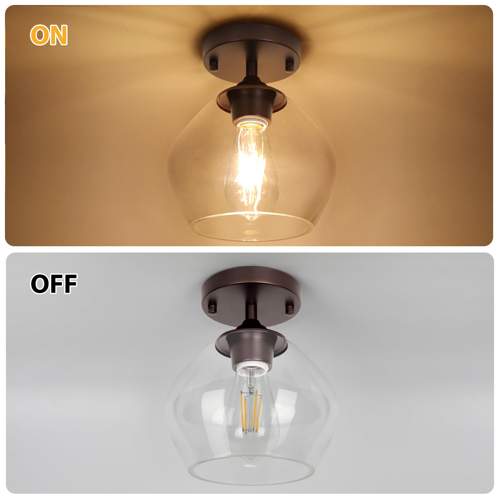 BesLowe Modern Semi Flush Mount Ceiling Light, Brown, Glass Shade, Model C2508-01-ORB, Ideal for Hallway, Bedroom, Dining Room