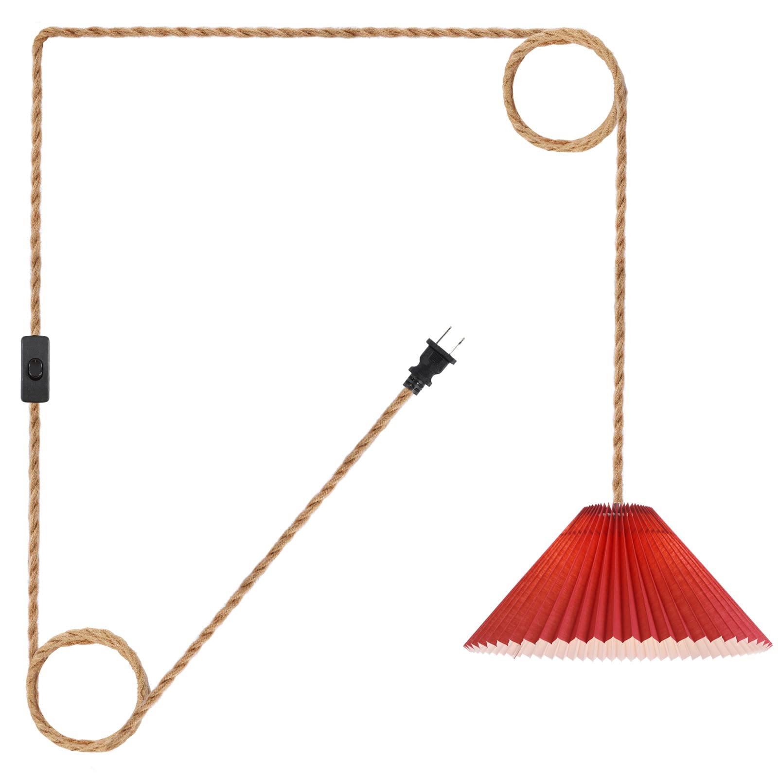 Aomicron Plug In Pendant Light,15Ft Hemp Rope Cord On/Off Switch With Red Pleated Lamp Shades, Hanging Lights With Plug In Cord For Living Room, Bedroom, Kitchen, Dining Room Light Fixture