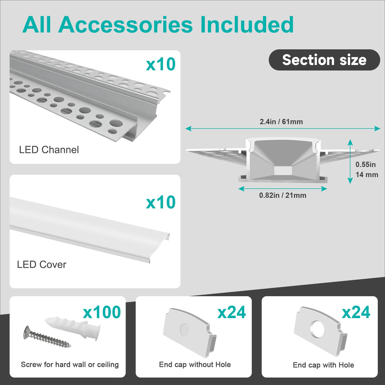 hunhun LED Aluminum Channel 10-Pack, 6.6ft/2Meter, Silver, Trimless with Clip-in Diffuser, Model CH04-M2-PP10