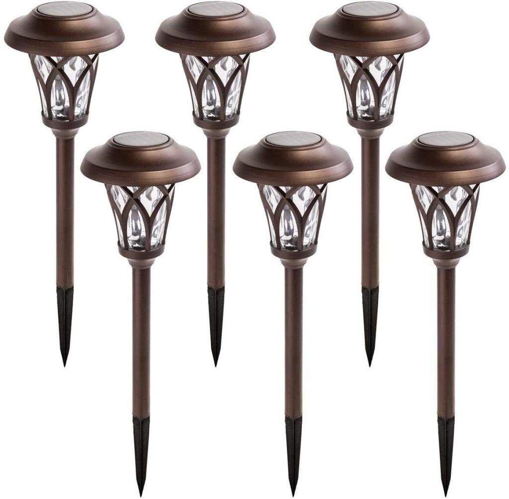 GIGALUMI Solar Landscape Lights, 6 Pack, Brown, Waterproof Metal, High Lumen, Automatic, Model 6851