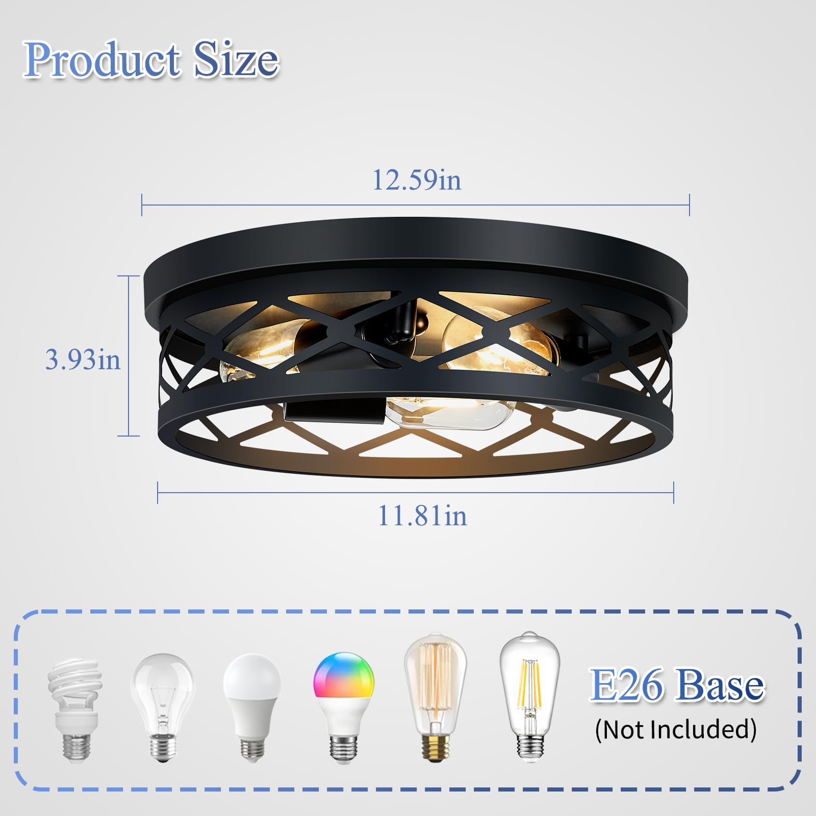 XPEHK 3-Light Flush Mount Ceiling Light Fixture, 13in, Matte Black, Model XP26, 2 Pack