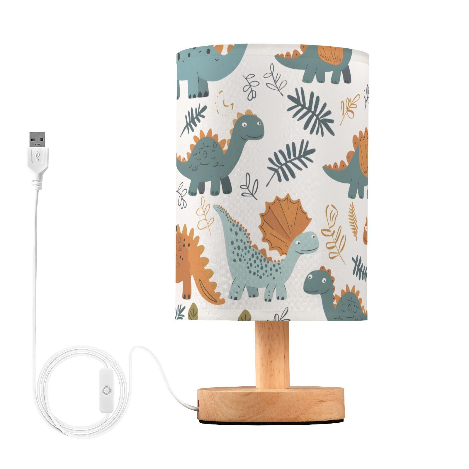 ALAZA Cute Dinosaurs Dino Green Lamp for Girls Boys Bedroom Bedside Table Lamp with USB Port LED Kids Nightstand Lamp Wood Base 