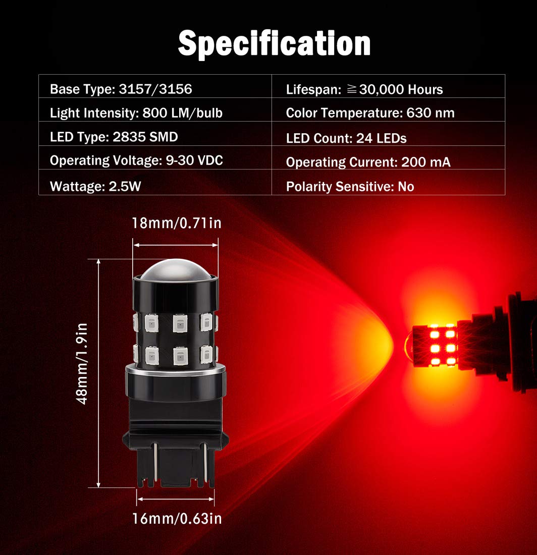 Brishine 4-Pack Super Bright 3157 3156 3057 4057 3157K Led Bulbs Brilliant Red 9-30V Non-Polarity 24-Smd Led Chipsets With Projector For Brake Tail Lights, Turn Signal Lights