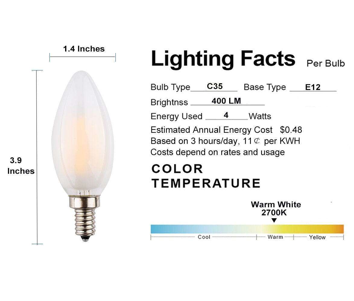 Opalray C35 2W Led Candelabra Bulb, Dimmable, Led Filament Lamp, 2700K Warm White Light, Frosted Glass Cover, E12 Small Base, 25