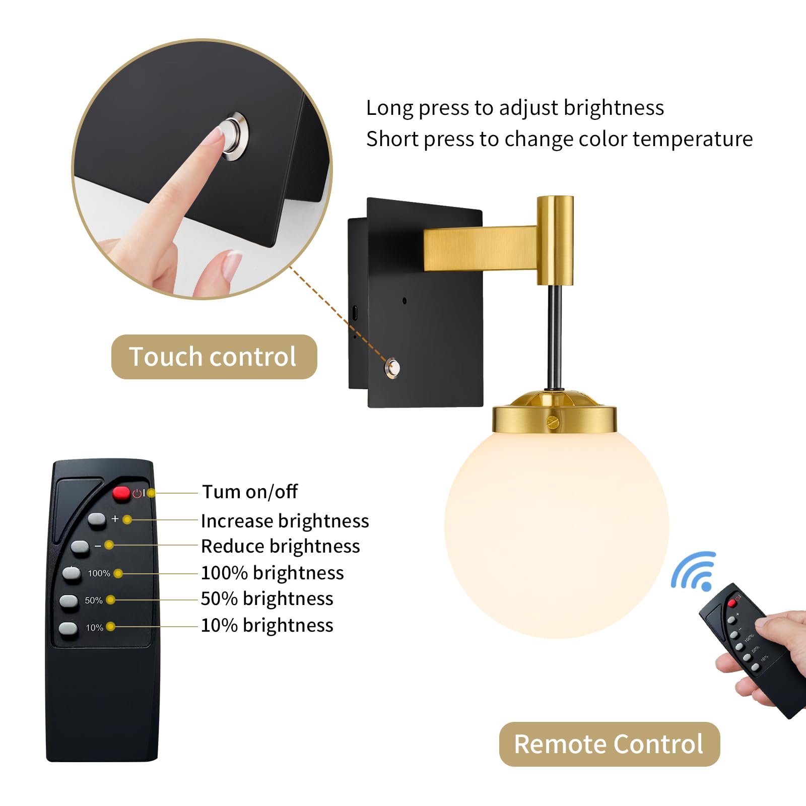 Rayogale Rechargeable Battery Wall Sconce 2 Pack - Wireless, Dimmable, 3 Color Temp, Black Gold with White Lampshade, Model WL-7102-BG-2