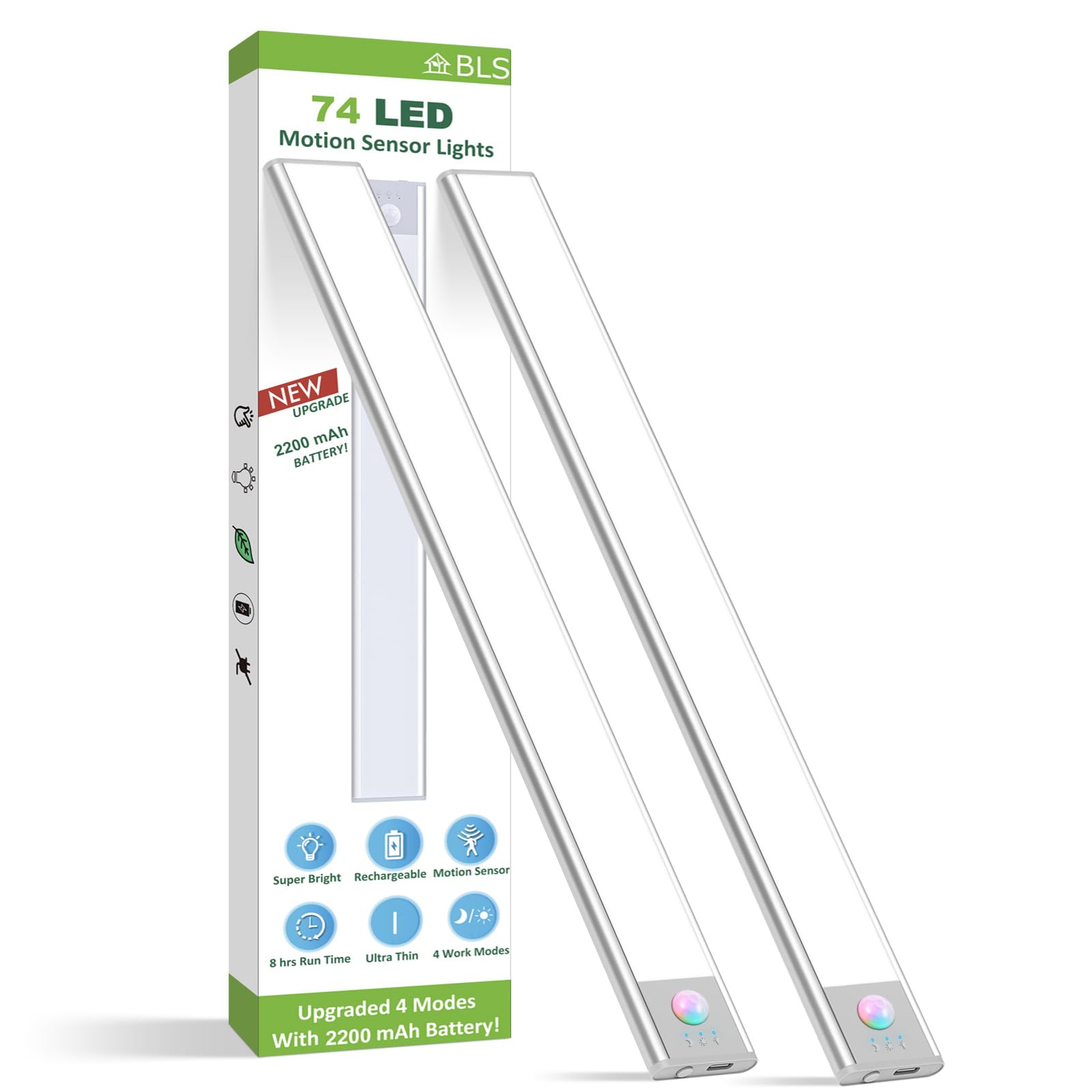 BLS Under Cabinet Lights, 74 LED lights Battery Operated Motion Sensor Light Indoor, USB C Rechargeable Closet Lights Motion Sen