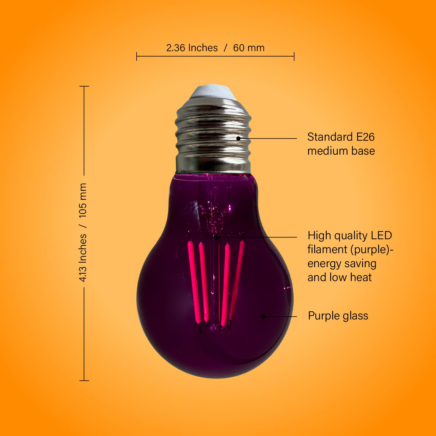 WHFIALUX A19 Edison LED Light Bulbs, 4W, Purple Glass, E26 Base, Indoor/Outdoor, 2 Pack