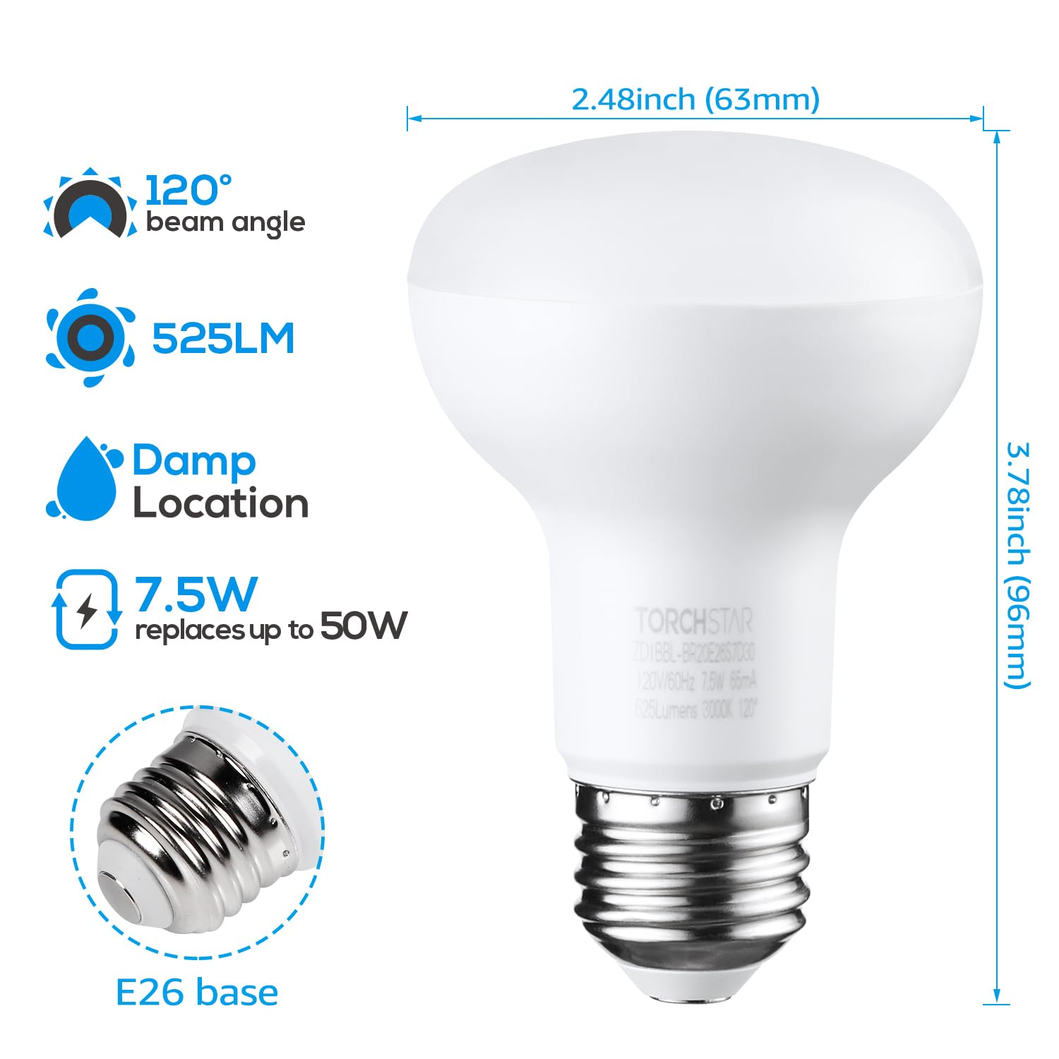 TORCHSTAR BR20 LED Bulbs, Dimmable Indoor Flood Light, 8 Pack, 7.5W (50W Eqv), Warm White (3000K), E26 Medium