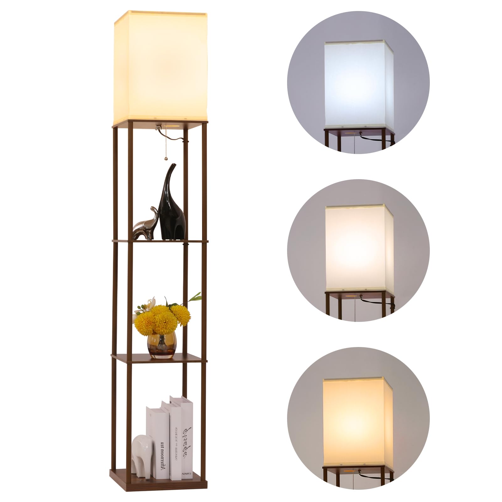 Gupuzm Floor Lamp with Shelves, Modern Wood Design, 3 Color Temperatures, Brown, Model PFL-007