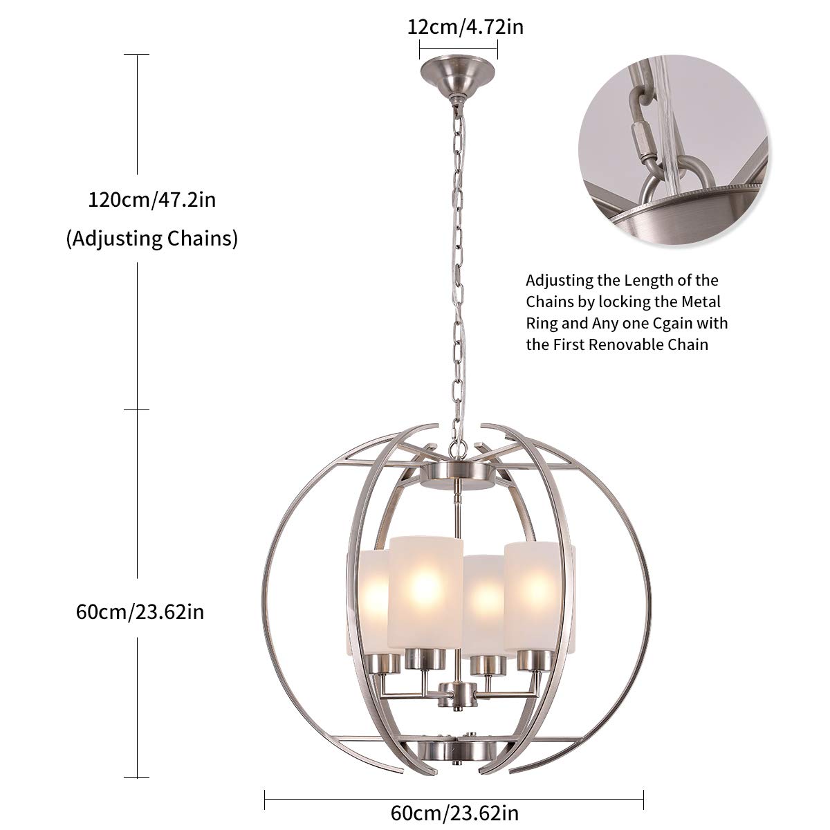 BOZO 24" Globe Chandelier - Brushed Nickel Modern Pendant Lighting with Frosted Glass Shades, Large Size, Model 8868/4