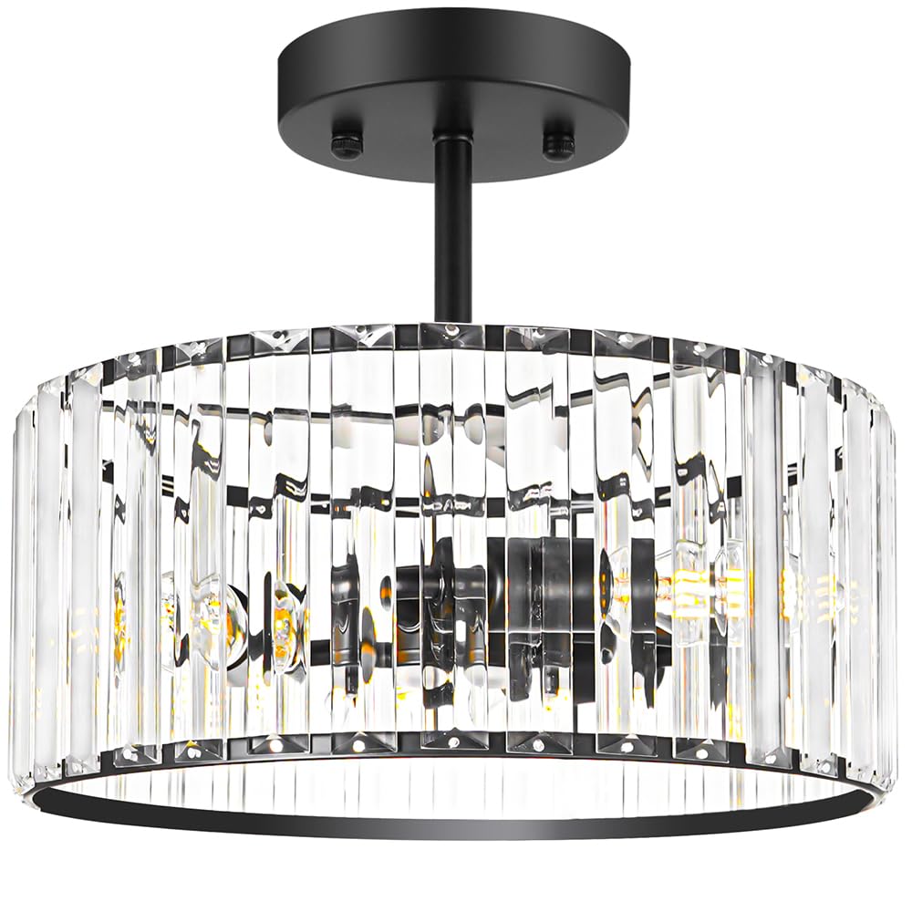 Lxybcce Modern Crystal Ceiling Light  Matte Black Semi Flush Mount Ceiling Lighting Fixture  Hallway Light Fixtures Chandelier For Kitchen  Bedroom Dining Room Hallway Closet  3-Light  12 Inch