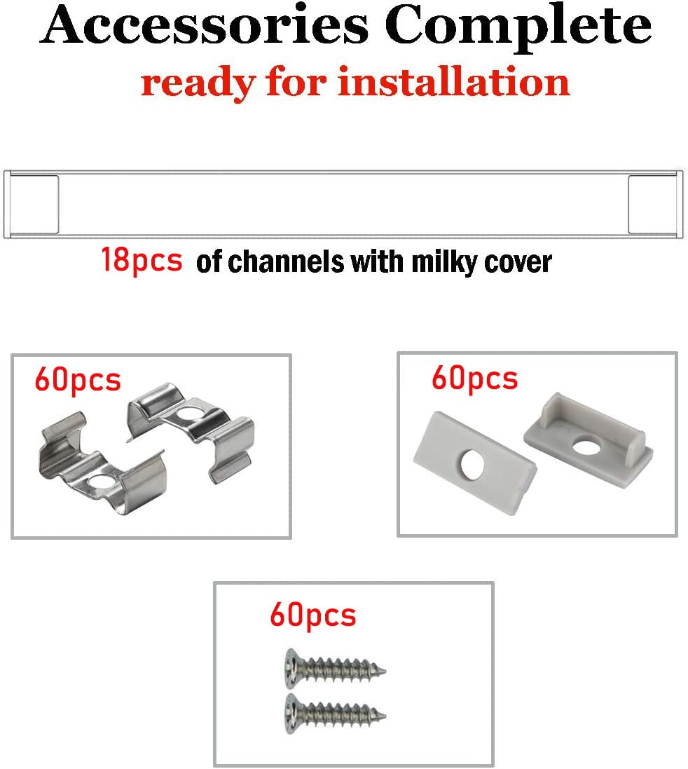 StarlandLed LED Aluminum Channel 18 Pack, 2m/6.6ft, 16mm Wide, Silver, with   and Mounting Accessories