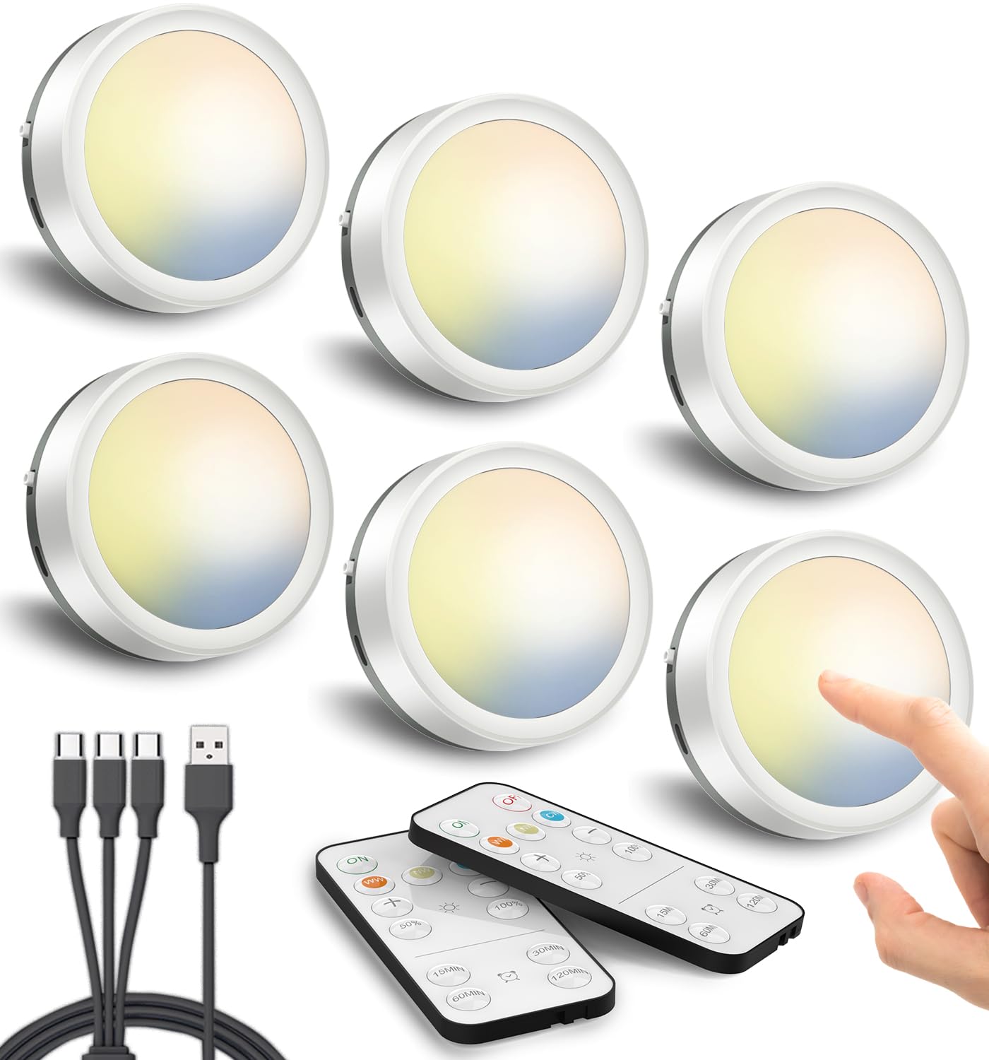 Rechargeable Puck Lights With Remote Control, 1600Mah Battery Powered Push Lights Led Stick On Lights For Closet Magnetic Tap Li