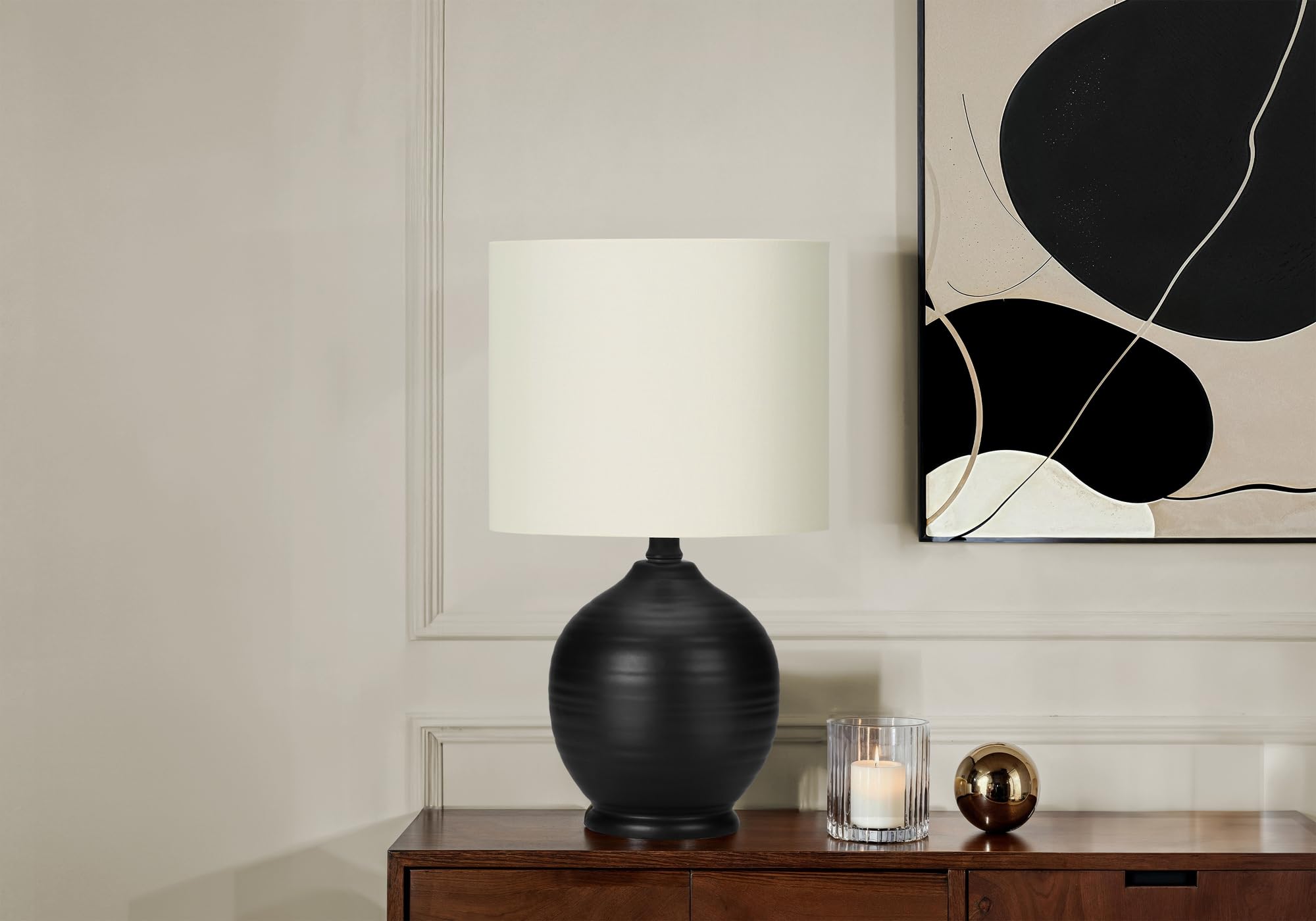 Monarch Specialties Table Lamp I 9739, Black Ceramic, Ivory/Cream Shade, 9.5inL x 9.5inW x 16.5inH