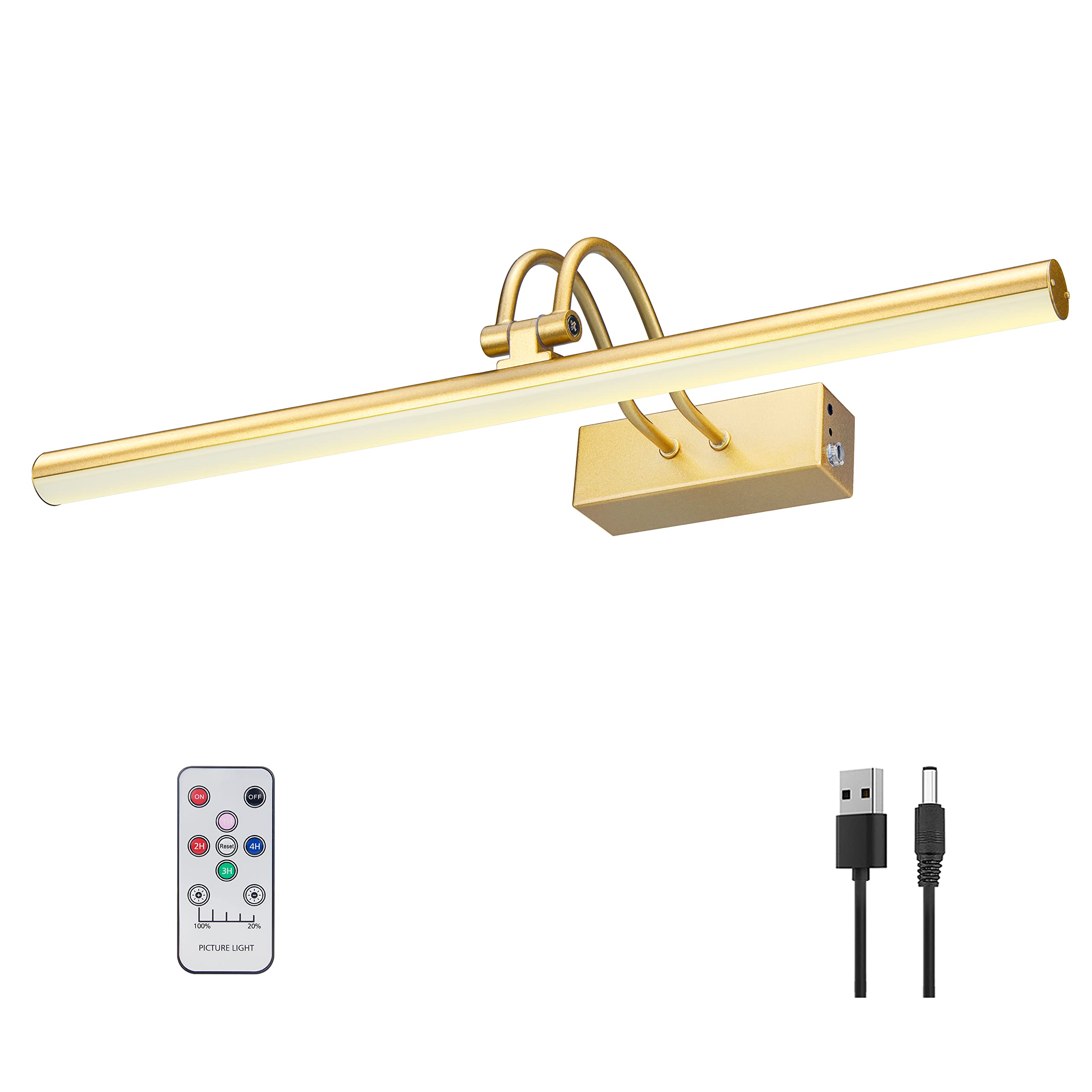 RAIFOOLLY Picture Light, 16in Battery Operated Art Light, Metal Remote Control, Dimmable, Timer, Gold, Model RF00123-GD