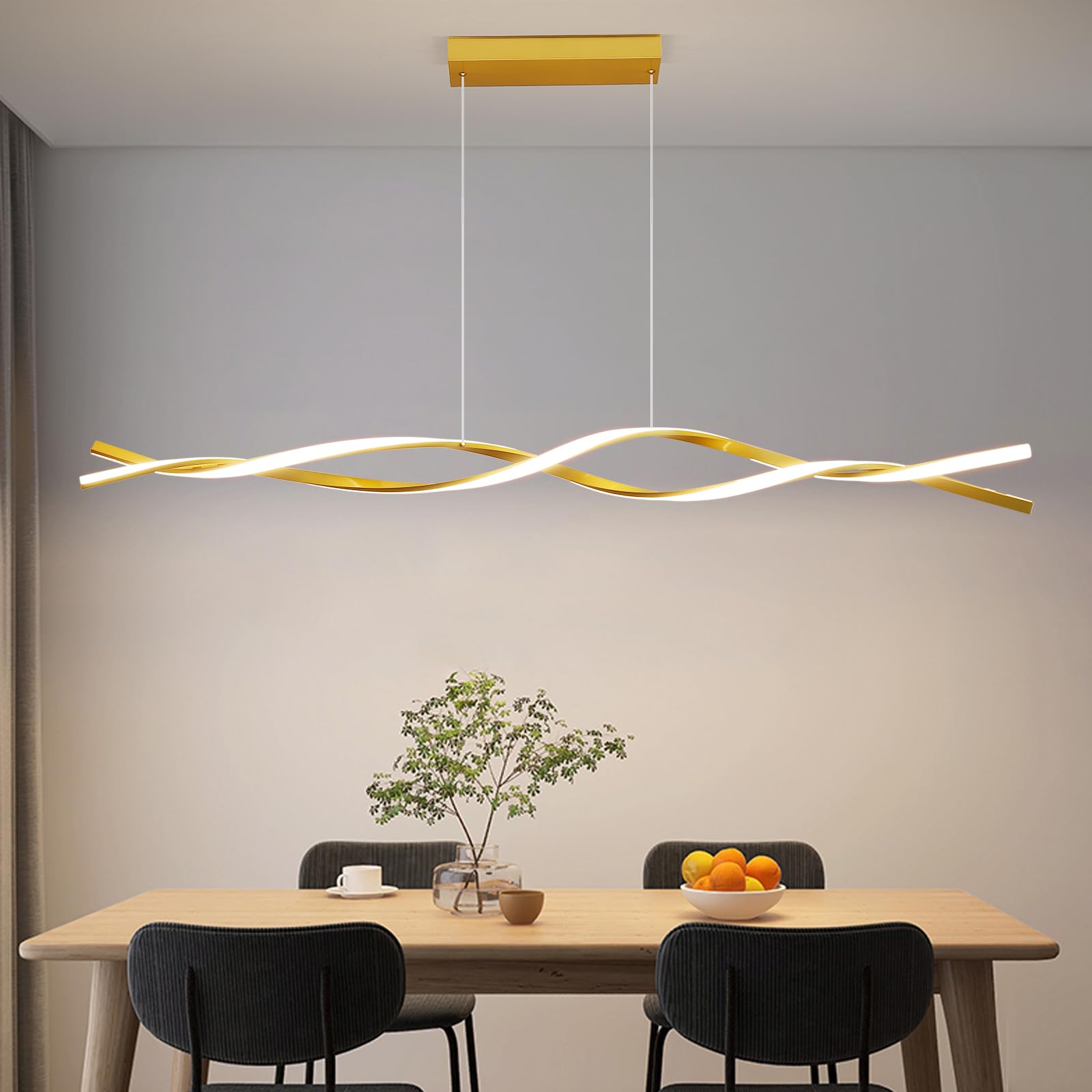 Matven Modern Ceiling Pendant Light, With Remote Control Dimmable 3 Color Mode & Brightness Ceiling Lamp, Anti-Flicker Dining Light Fixture For Kitchen, Dining Room (Gold, 59In)