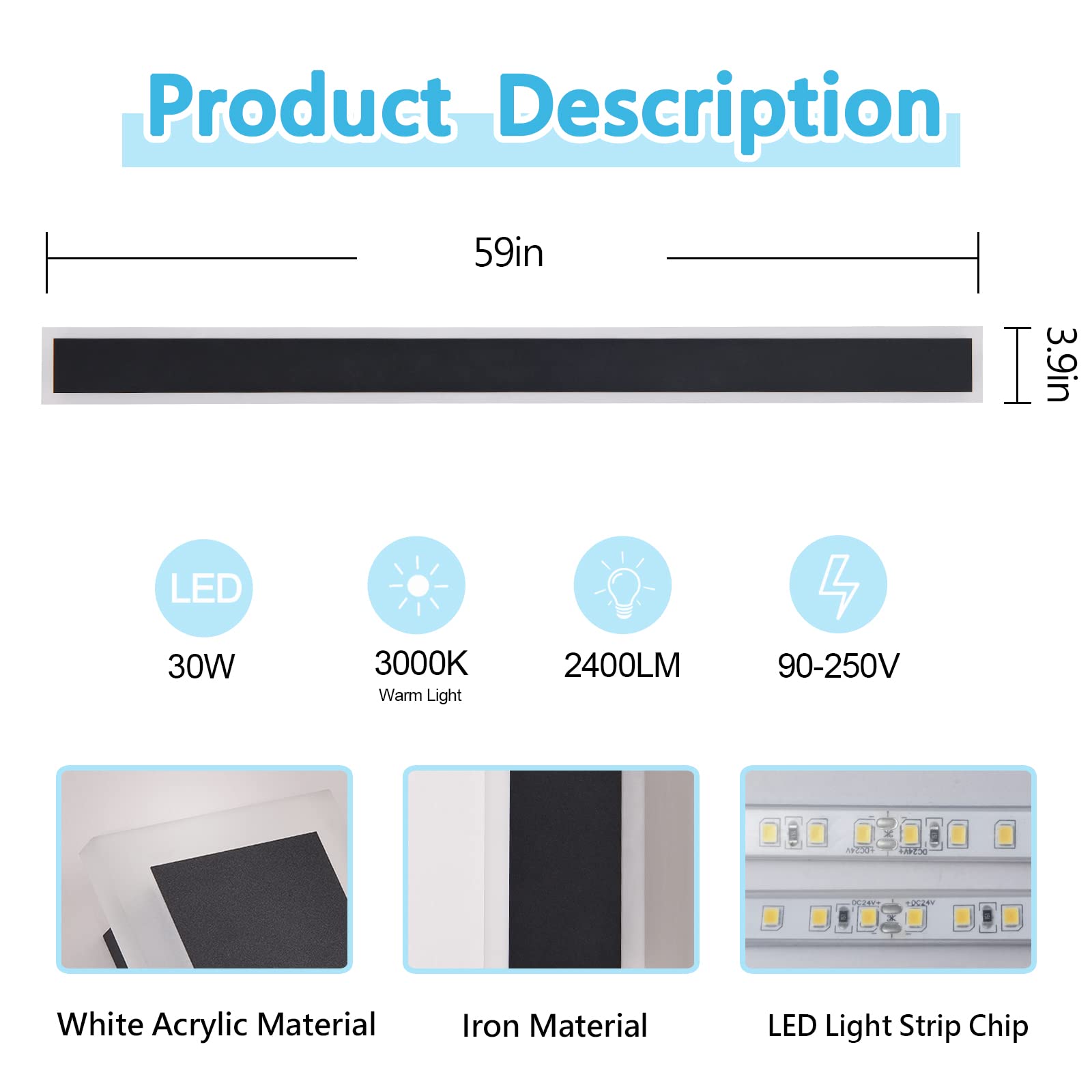 Bieocur Outdoor Wall Sconce Led Modern Outdoor Light 30W Black Exterior Light Fixture 59 In Frosted White Acrylic Wall Lighting Watetproof Suitable For Porch Patio Garage