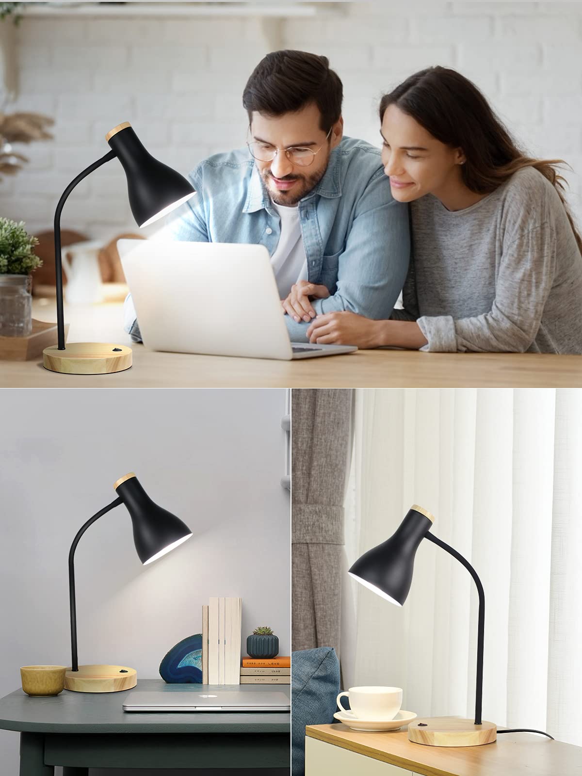 Metal Desk Lamp Table Lamp Reading Lights Arc Desk Lamps For Bedroom, Wood Base Bedside Lamp With Flexible Gooseneck For Study R