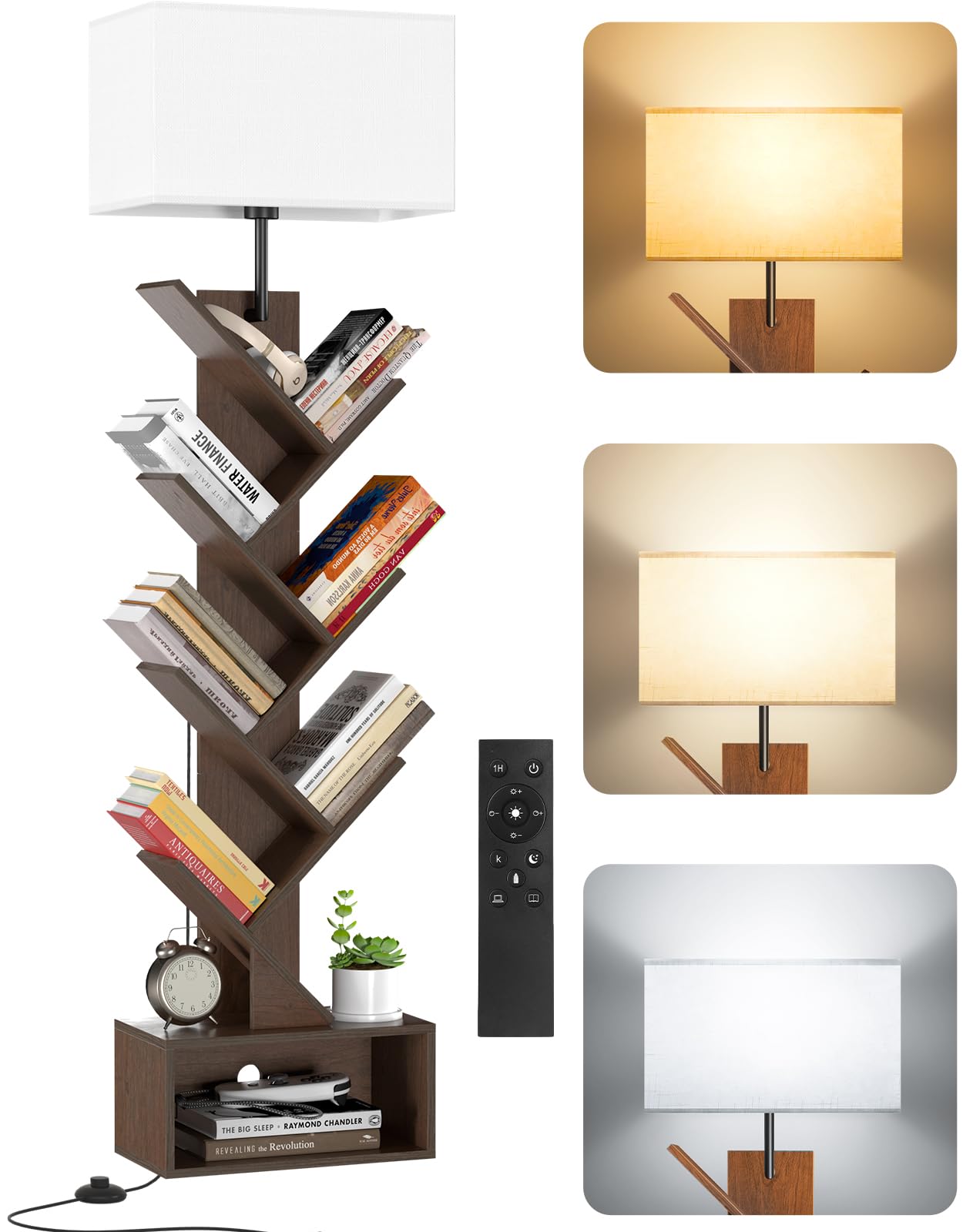 Outonlife 6 Tier Tree Bookshelf With Lamp, Remote & Timer, Modern Tall Floor Standing Corner Book Shelf, Narrow Wood Bookcase, S