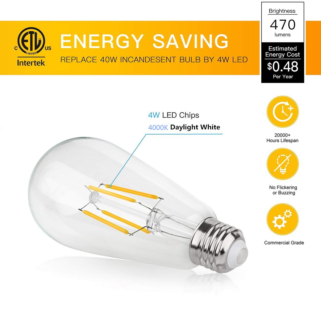 Livemax Dimmable Vintage Edison Led Bulb,Antique 40W Vintage Edison Bulb,E26 Light Bulb Led Bulb 400 Lumens Natural White 4000K,