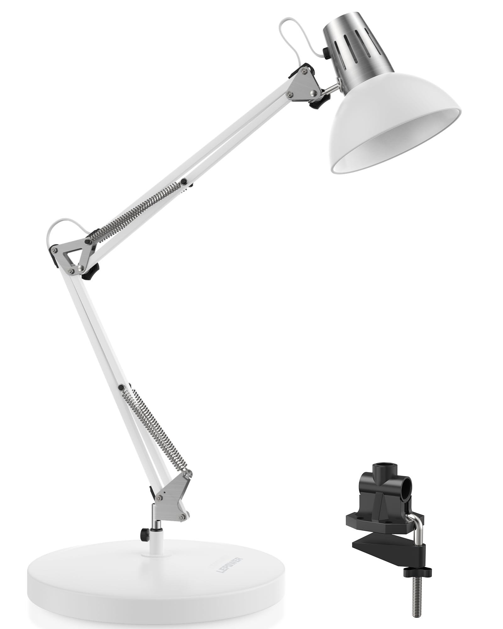 LEPOWER Metal Desk Lamp, Adjustable Goose Neck, On/Off Switch, Clamp, White, Model UT2020