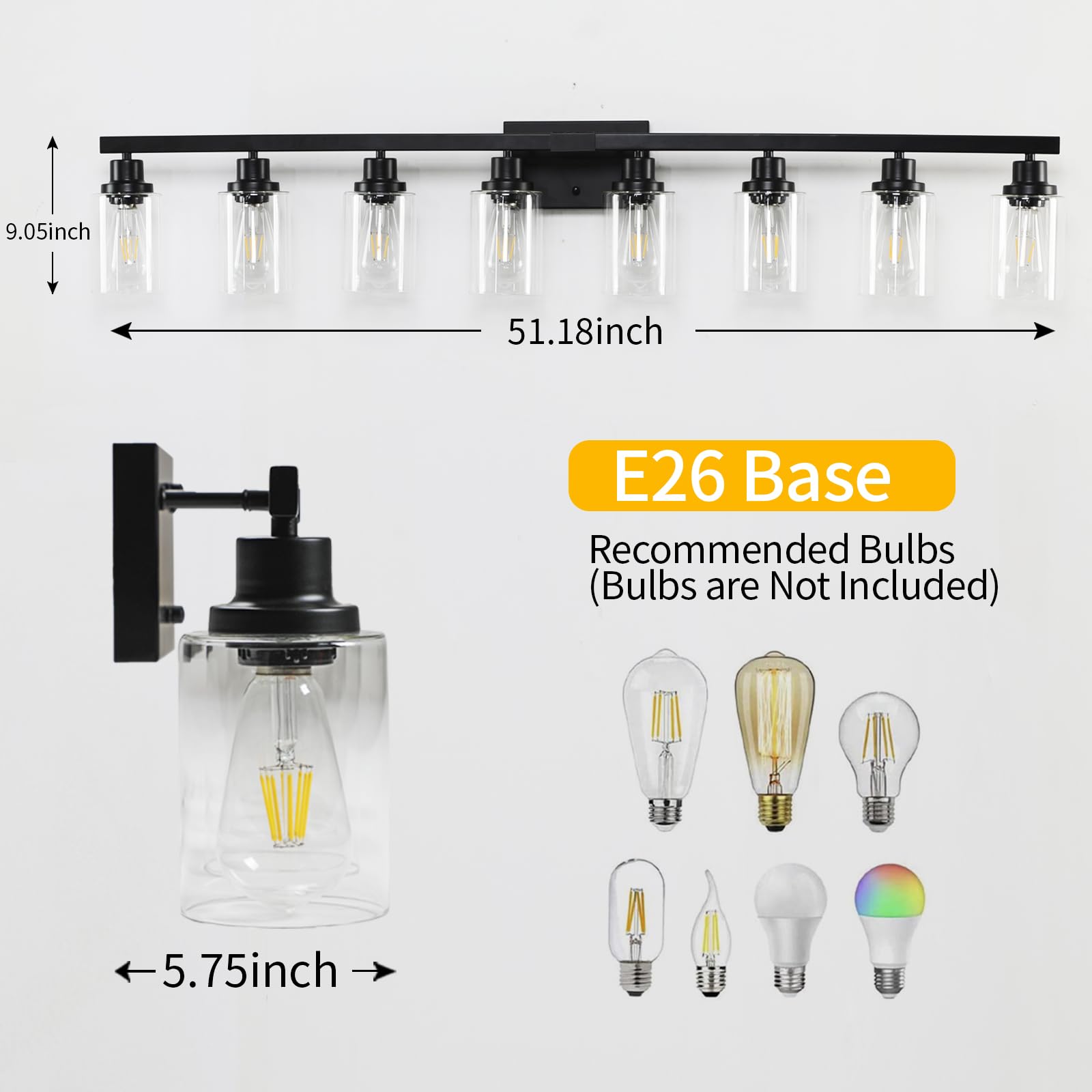 DIKAIDA 8-Light Bathroom Vanity Lights, Matte Black Metal Fixtures, 52inch, Modern Design for Mirror, Bedroom, Living Room