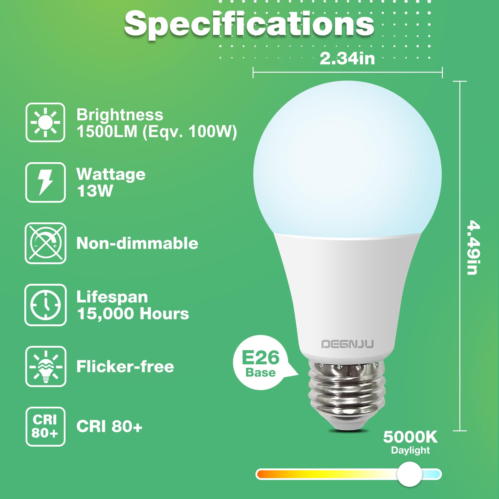 Degnju 24 Pack Led Light Bulbs 100 Watt Equivalent  A19 5000K Daylight  1500 Lumens  E26 Base  Non-Dimmable  13 Watt Energy Efficient Led Bulbs For Home Lighting