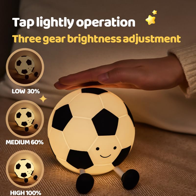 Soccer Night Light, Cartoon Soccer Lamp Squishy Silicone Baby Nursery Night Light With 3 Level Dimmable Rechargeable Bedside Tou