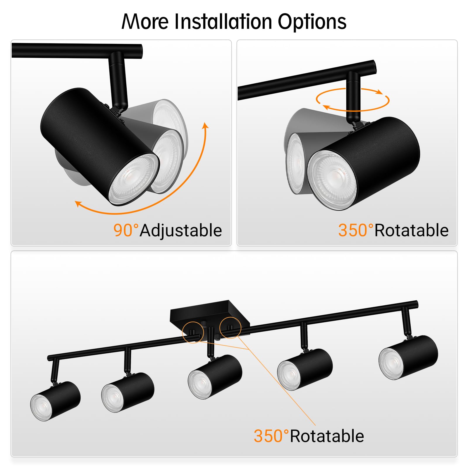 BoostArea Track Lighting Kit, 5 Light Ceiling Fixtures, Rotatable Heads, Metal, Black, Model C0551