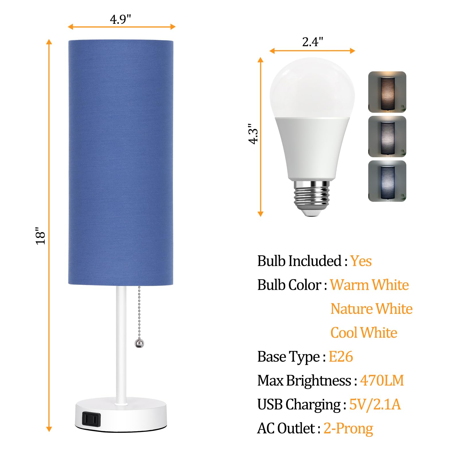 Dott Arts 18in Table Lamp for Bedroom, Blue-White Plastic, Pull Chain, Model RD-PTL6W-005, Bulb Included