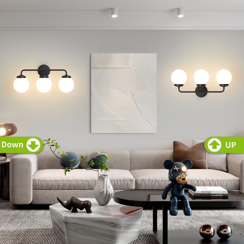 Deyidn Black Bathroom Light Fixtures Over Mirror, 3-Light Modern Vanity Lighting With Milk White Glass Globe Shade Wall Sconce
