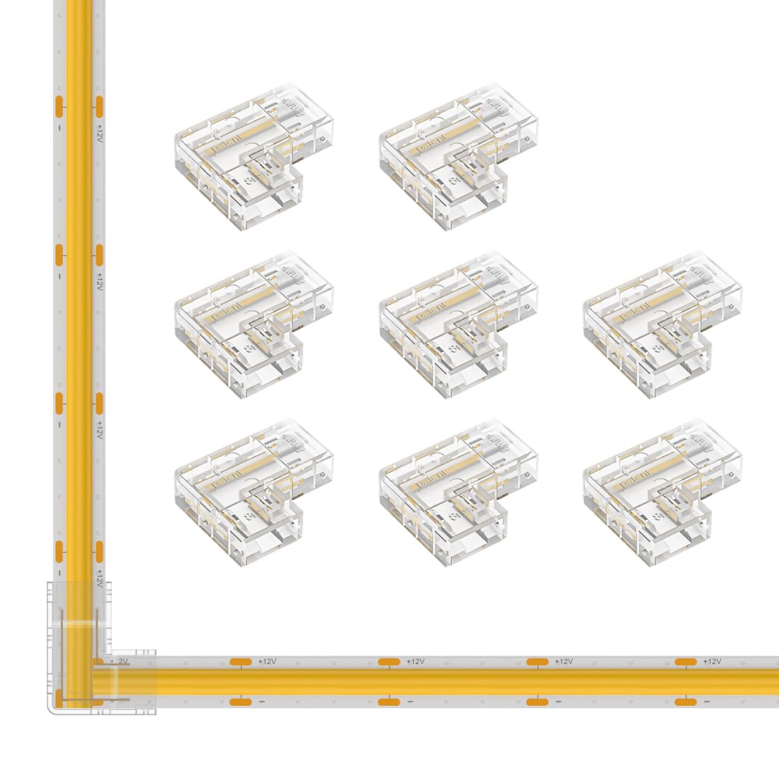 FCOB COB 8mm/0.31in Width LED Strip Connector Kit 8Pcs 2 Pin Transparent Gapless L-Shaped Connectors 8mm PWM Single Color +V -V 
