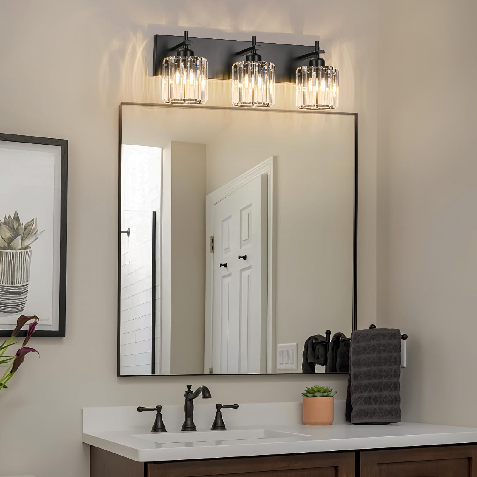 HUOKU Bathroom Vanity Lights, Modern 3-Light Crystal Wall Lighting, Black-Round Shade, Metal, Model 37487a34-85aa-442a-bf20-a85861846